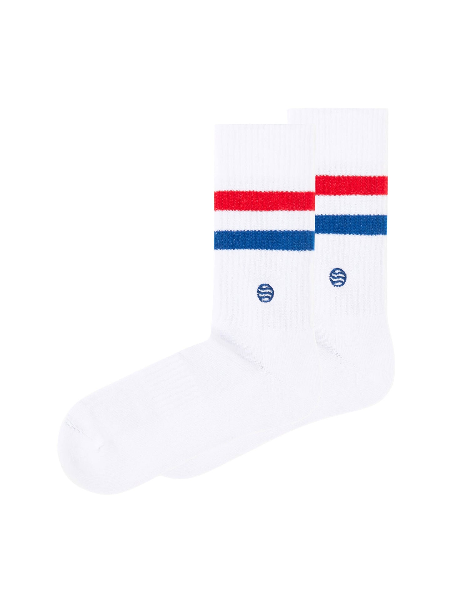 Pack de 2 paires de chaussettes de pickleball blanches, bleues et rouges.